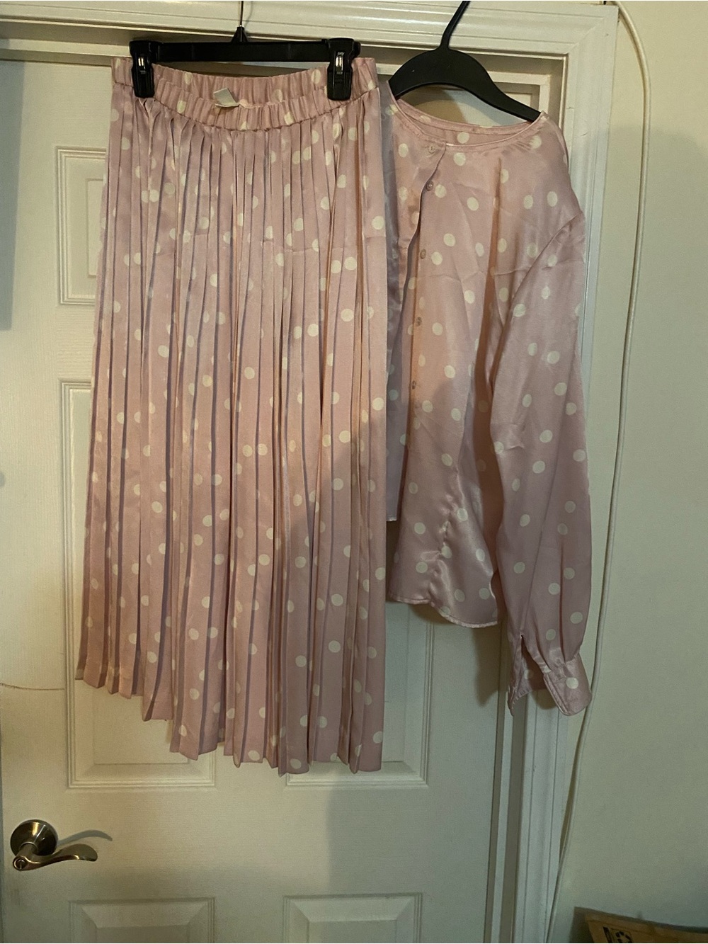Evan Picone Pink Polka Dot Pleated Midi Skirt and blouse. Vintage